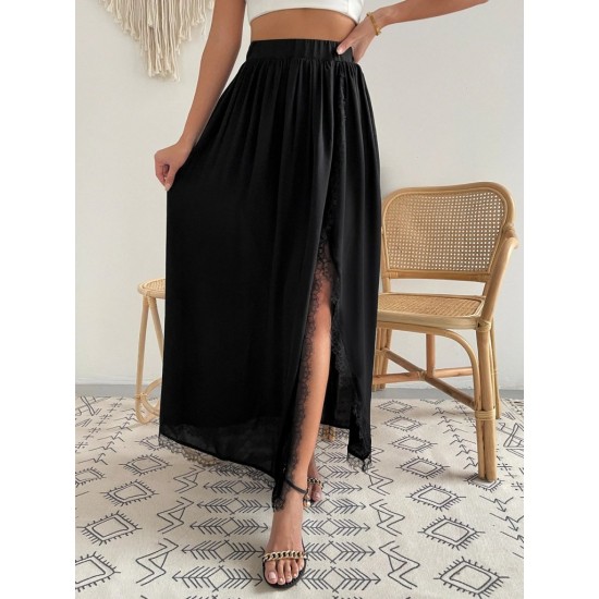 Kadın Yüksek Bel Yandan Yırtmaçlı Dantelli Uzun Sandy Etek, 32129