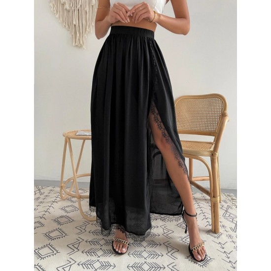 Kadın Yüksek Bel Yandan Yırtmaçlı Dantelli Uzun Sandy Etek, 32129