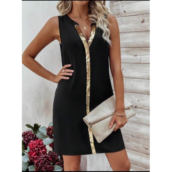 Kadın Askılı V Yakalı Pulpayet Işlemeli Kısa Sandy Elbise , 32127