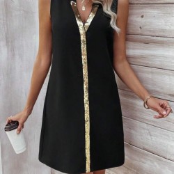 Kadın Askılı V Yakalı Pulpayet Işlemeli Kısa Sandy Elbise , 32127