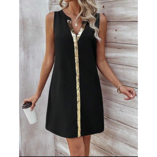 Kadın Askılı V Yakalı Pulpayet Işlemeli Kısa Sandy Elbise , 32127