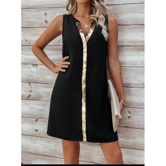 Kadın Askılı V Yakalı Pulpayet Işlemeli Kısa Sandy Elbise , 32127