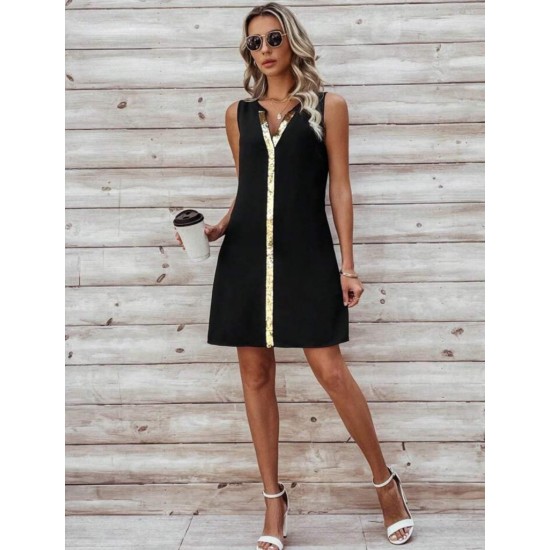 Kadın Askılı V Yakalı Pulpayet Işlemeli Kısa Sandy Elbise , 32127