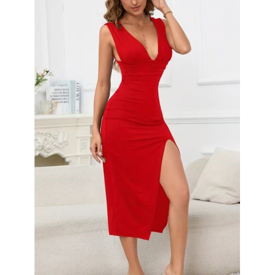 Kadın Askılı Derin Göğüs Dekolteli Yırtmaçlı Uzun Janjan Krep Elbise, 32120