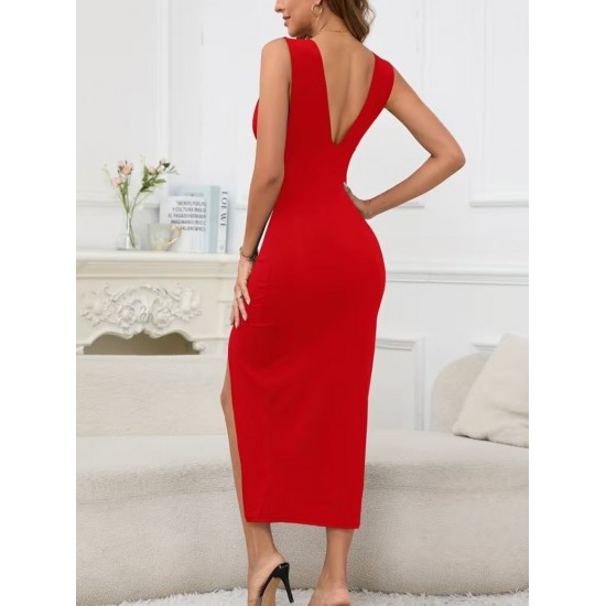 Kadın Askılı Derin Göğüs Dekolteli Yırtmaçlı Uzun Janjan Krep Elbise, 32120