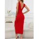 Kadın Askılı Derin Göğüs Dekolteli Yırtmaçlı Uzun Janjan Krep Elbise, 32120