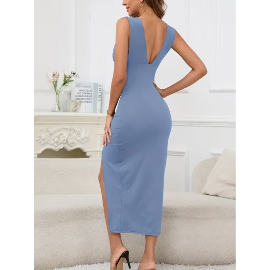 Kadın Askılı Derin Göğüs Dekolteli Yırtmaçlı Uzun Janjan Krep Elbise, 32119 Kadın Askılı Derin Göğüs Dekolteli Yırtmaçlı Uzun Janjan Krep Elbise, 32119