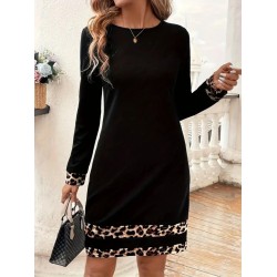 Kadın Uzun Kollu Bisiklet Yaka şerit Leopar Desenli Kısa Dalgıç Elbise , 31468