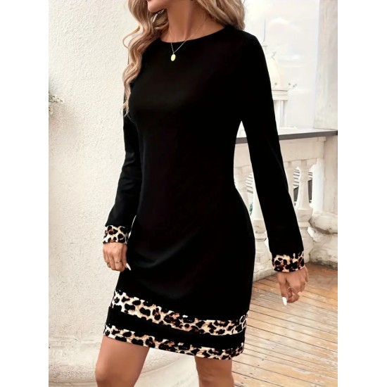 Kadın Uzun Kollu Bisiklet Yaka şerit Leopar Desenli Kısa Dalgıç Elbise , 31468