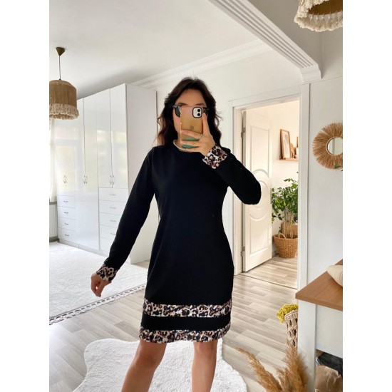 Kadın Uzun Kollu Bisiklet Yaka şerit Leopar Desenli Kısa Dalgıç Elbise , 31468