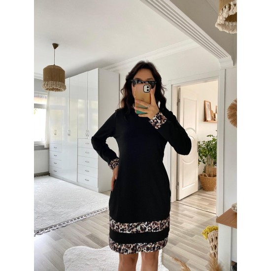 Kadın Uzun Kollu Bisiklet Yaka şerit Leopar Desenli Kısa Dalgıç Elbise , 31468