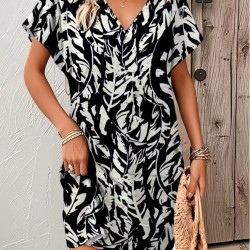 Kadın Kısa Yarasa Kollu V Yakalı Desenli Süprem Kısa Elbise , 32152