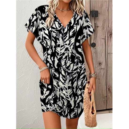 Kadın Kısa Yarasa Kollu V Yakalı Desenli Süprem Kısa Elbise , 32152