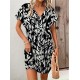 Kadın Kısa Yarasa Kollu V Yakalı Desenli Süprem Kısa Elbise , 32152