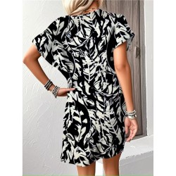 Kadın Kısa Yarasa Kollu V Yakalı Desenli Süprem Kısa Elbise , 32152