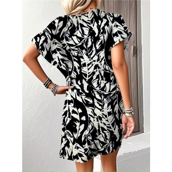 Kadın Kısa Yarasa Kollu V Yakalı Desenli Süprem Kısa Elbise , 32152
