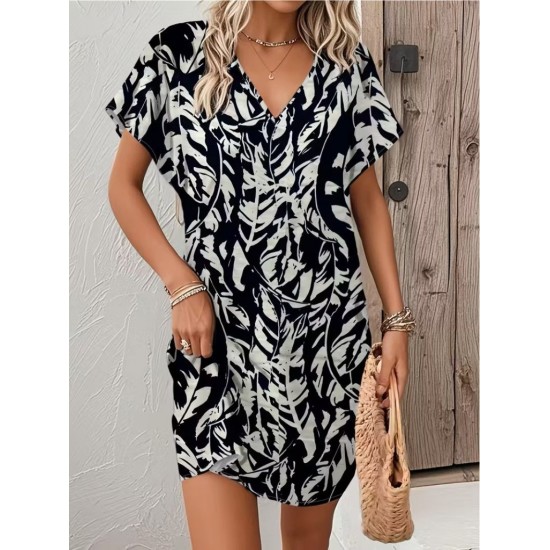 Kadın Kısa Yarasa Kollu V Yakalı Desenli Süprem Kısa Elbise , 32152