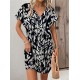 Kadın Kısa Yarasa Kollu V Yakalı Desenli Süprem Kısa Elbise , 32152