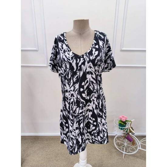 Kadın Kısa Yarasa Kollu V Yakalı Desenli Süprem Kısa Elbise , 32152