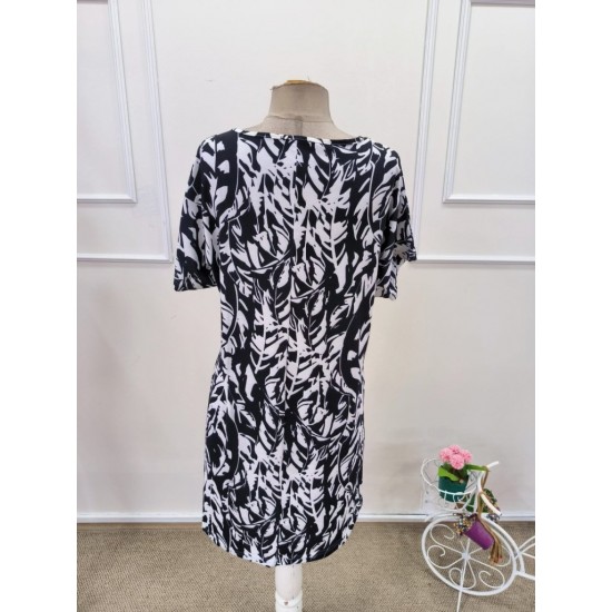 Kadın Kısa Yarasa Kollu V Yakalı Desenli Süprem Kısa Elbise , 32152