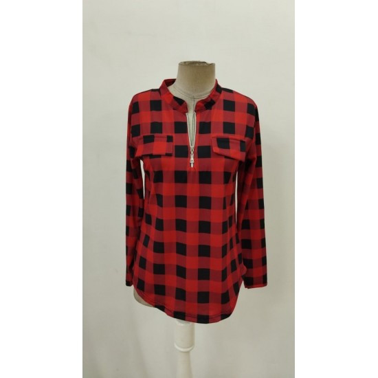 Kadın Uzun Kollu Hakim Yaka Yakadan Fermuarlı Geometrik Desenli Süprem Bluz , 32142