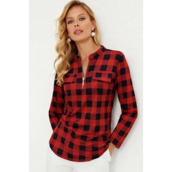 Kadın Uzun Kollu Hakim Yaka Yakadan Fermuarlı Geometrik Desenli Süprem Bluz , 32142