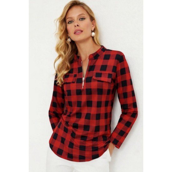 Kadın Uzun Kollu Hakim Yaka Yakadan Fermuarlı Geometrik Desenli Süprem Bluz , 32142