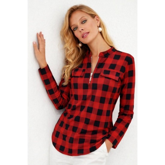 Kadın Uzun Kollu Hakim Yaka Yakadan Fermuarlı Geometrik Desenli Süprem Bluz , 32142