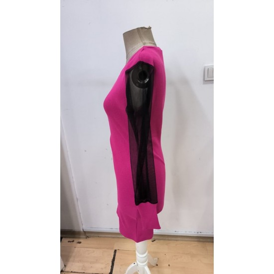 Kadın Uzun Kollu V Yakalı Tül Detaylı Mini Kaşkorse Elbise , 32137