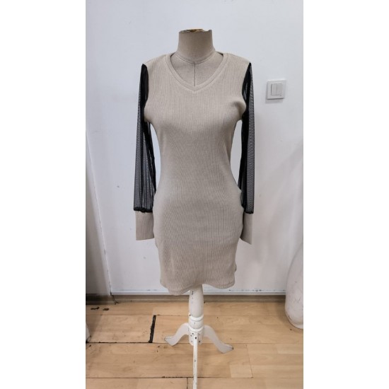 Kadın Uzun Kollu V Yakalı Tül Detaylı Mini Kaşkorse Elbise , 32136