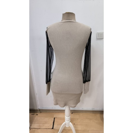 Kadın Uzun Kollu V Yakalı Tül Detaylı Mini Kaşkorse Elbise , 32136