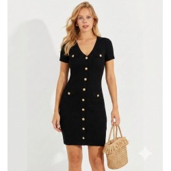 Kadın Kısa Kollu Düğmeli Cep Detay V Yaka Triko Elbise, 32158