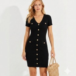 Kadın Kısa Kollu Düğmeli Cep Detay V Yaka Triko Elbise, 32158