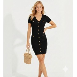 Kadın Kısa Kollu Düğmeli Cep Detay V Yaka Triko Elbise, 32158 Kadın Kısa Kollu Düğmeli Cep Detay V Yaka Triko Elbise, 32158