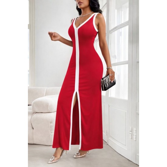 Kadın Askılı Derin V Yakalı Yırtmaç Detaylı Uzun Viskon Elbise , 32157