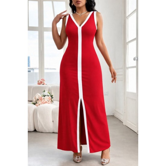 Kadın Askılı Derin V Yakalı Yırtmaç Detaylı Uzun Viskon Elbise , 32157