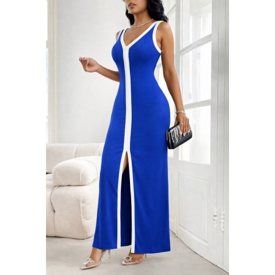 Kadın Askılı Derin V Yakalı Yırtmaç Detaylı Uzun Viskon Elbise , 32156