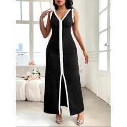 Kadın Askılı Derin V Yakalı Yırtmaç Detaylı Uzun Viskon Elbise , 32154