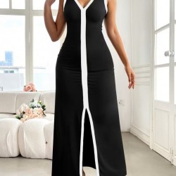 Kadın Askılı Derin V Yakalı Yırtmaç Detaylı Uzun Viskon Elbise , 32154