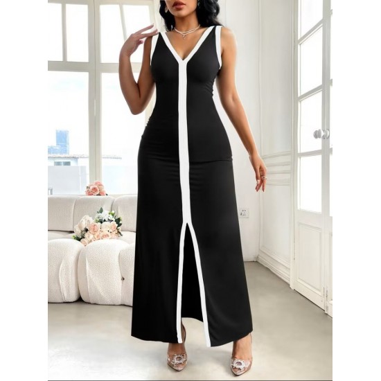 Kadın Askılı Derin V Yakalı Yırtmaç Detaylı Uzun Viskon Elbise , 32154