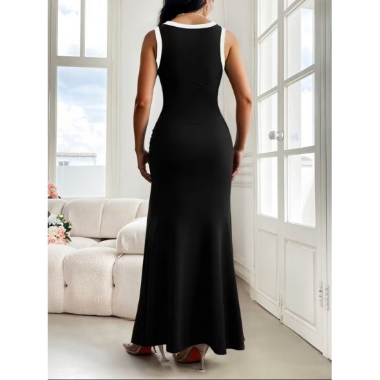 Kadın Askılı Derin V Yakalı Yırtmaç Detaylı Uzun Viskon Elbise , 32154