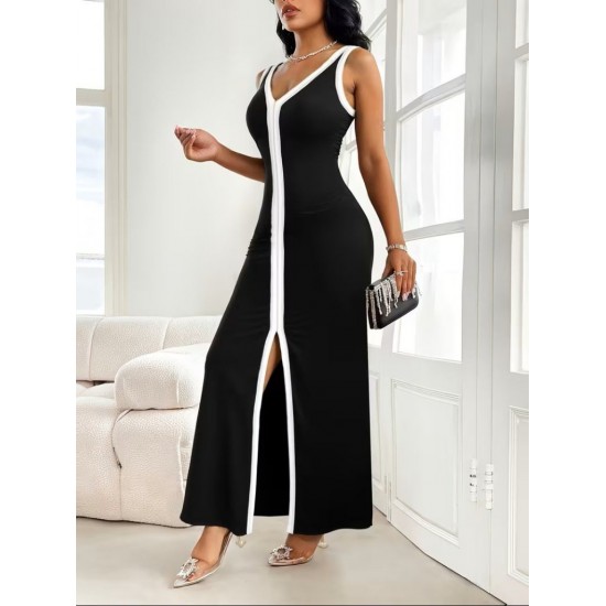 Kadın Askılı Derin V Yakalı Yırtmaç Detaylı Uzun Viskon Elbise , 32154