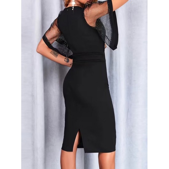 Kadın Kısa Kollu V Yakalı Taşlı Midi Ithal Krep Elbise, 32153