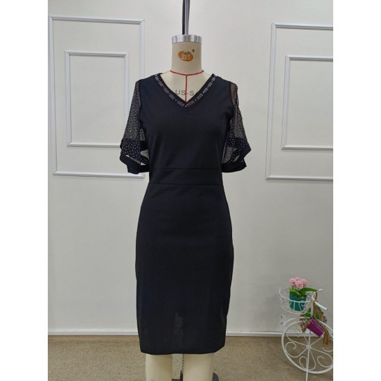 Kadın Kısa Kollu V Yakalı Taşlı Midi Ithal Krep Elbise, 32153