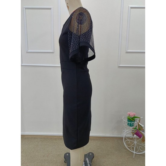 Kadın Kısa Kollu V Yakalı Taşlı Midi Ithal Krep Elbise, 32153