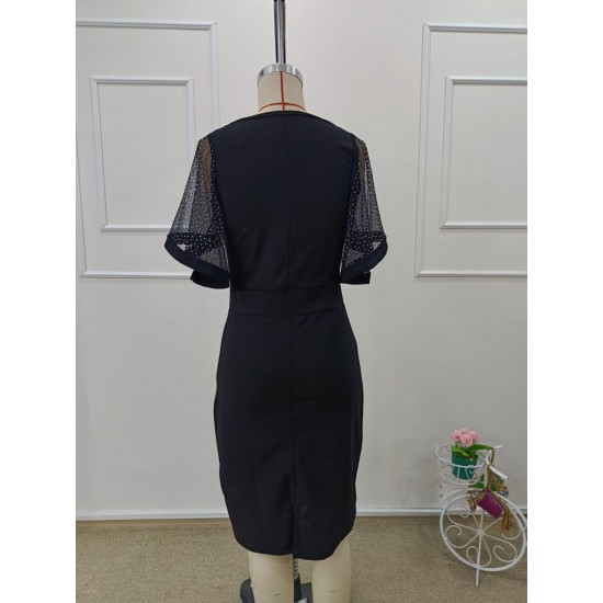 Kadın Kısa Kollu V Yakalı Taşlı Midi Ithal Krep Elbise, 32153