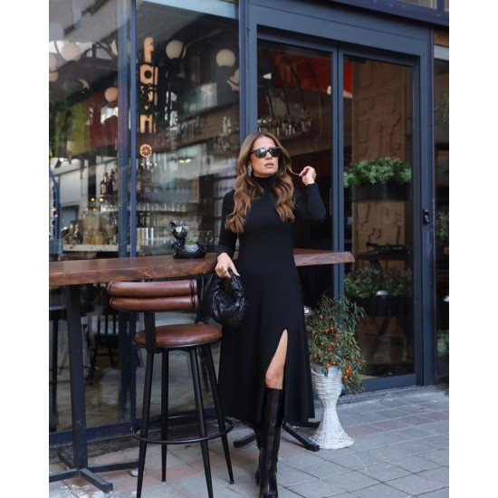 Kadın Uzun Kollu Balıkçı Yaka Derin Yırtmaç Detay Modal Elbise , 32165