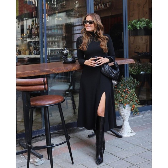 Kadın Uzun Kollu Balıkçı Yaka Derin Yırtmaç Detay Modal Elbise , 32165