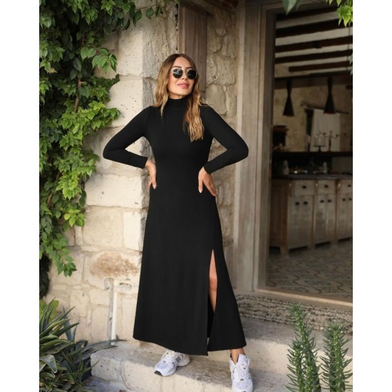 Kadın Uzun Kollu Balıkçı Yaka Derin Yırtmaç Detay Modal Elbise , 32165