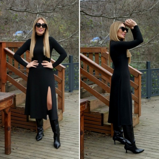 Kadın Uzun Kollu Balıkçı Yaka Derin Yırtmaç Detay Modal Elbise , 32165